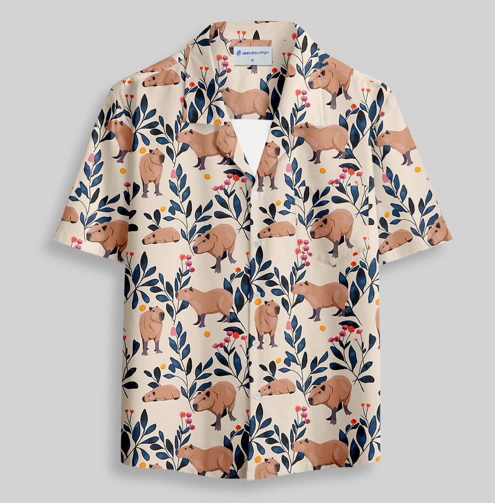 Chemise Hawaïenne à Poche - Capybara et Plantes Tropicales
