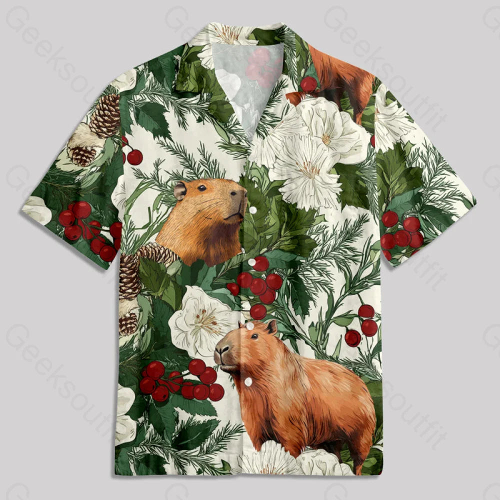 Chemise Hawaïenne à Poche - Capybara et Plantes d'Hiver de Noël