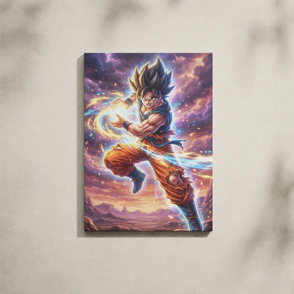 Manga Tableau Salon Goku Kamehameha Coucher de Soleil Désert