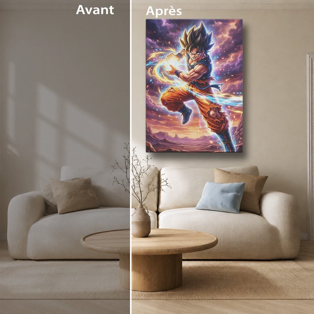 Manga Tableau Salon Goku Kamehameha Coucher de Soleil Désert