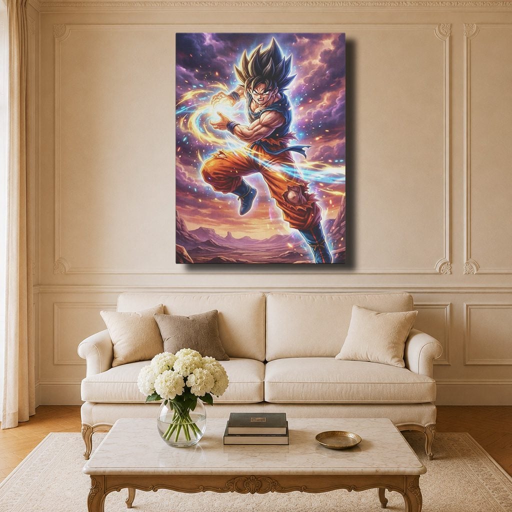 Manga Tableau Salon Goku Kamehameha Coucher de Soleil Désert