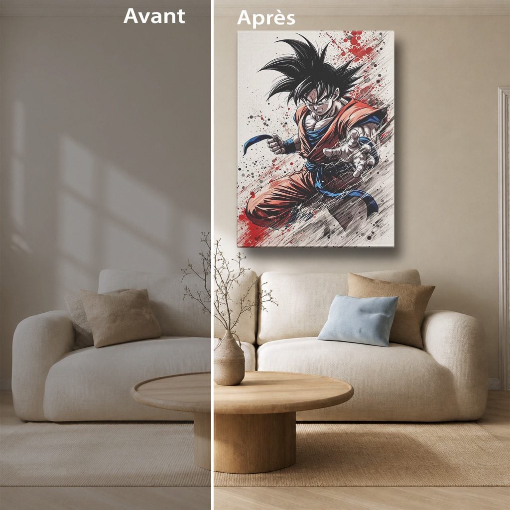 Manga Tableau Salon Goku Éclaboussure d'Encre Rouge