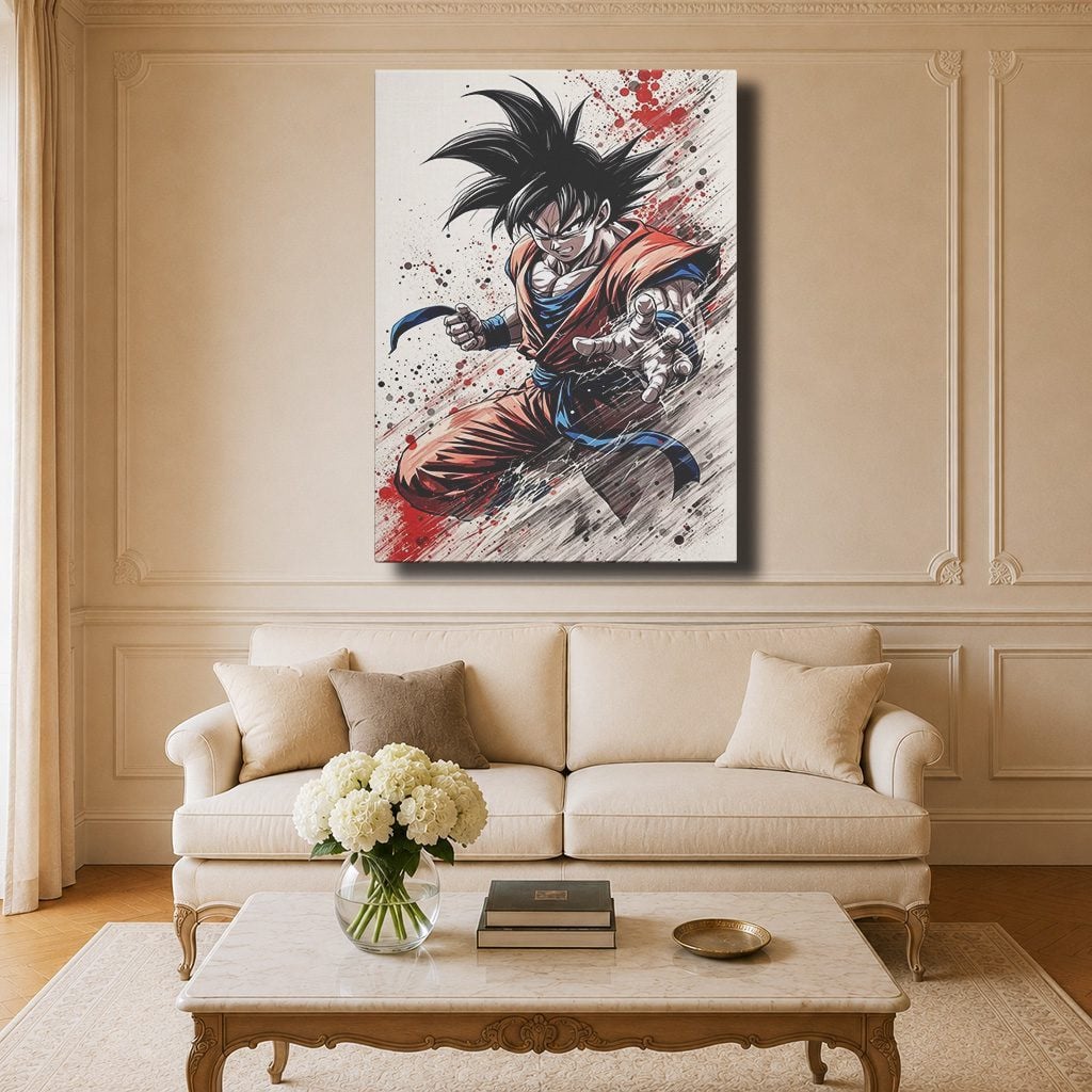 Manga Tableau Salon Goku Éclaboussure d'Encre Rouge