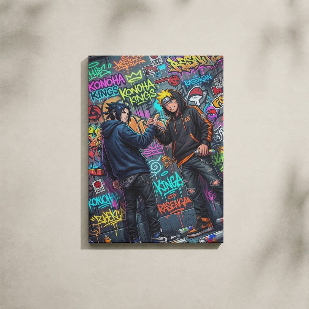 Manga Tableau Salon Naruto Sasuke Poignée de Main Graffiti Street Art
