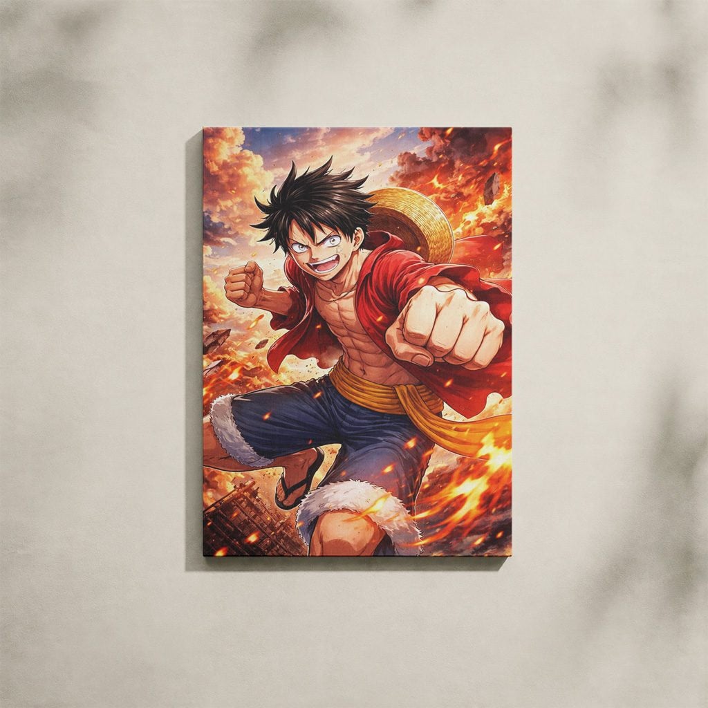 Tableau Manga Salon Luffy Poing de Feu Explosion Rouge