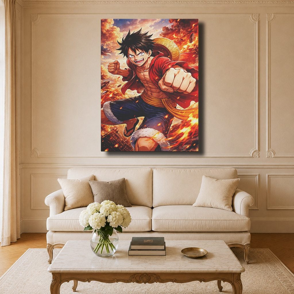 Tableau Manga Salon Luffy Poing de Feu Explosion Rouge