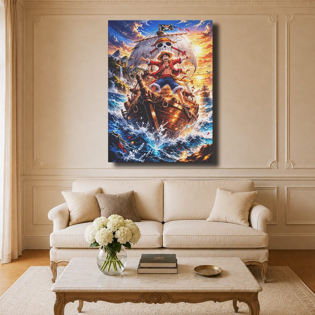 Tableau Manga Salon Luffy Going Merry Coucher de Soleil
