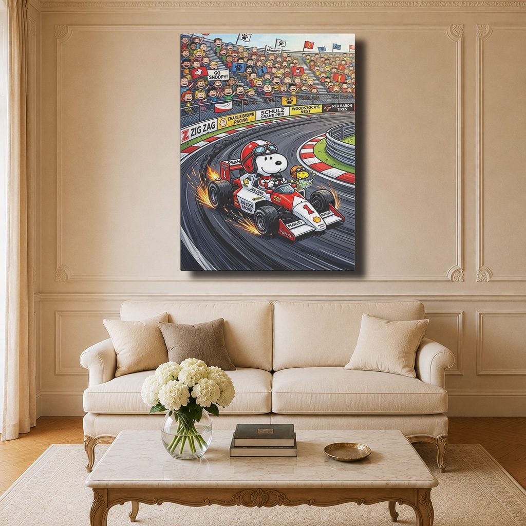 Tableau Cartoon Salon Snoopy F1 Circuit Dérapage