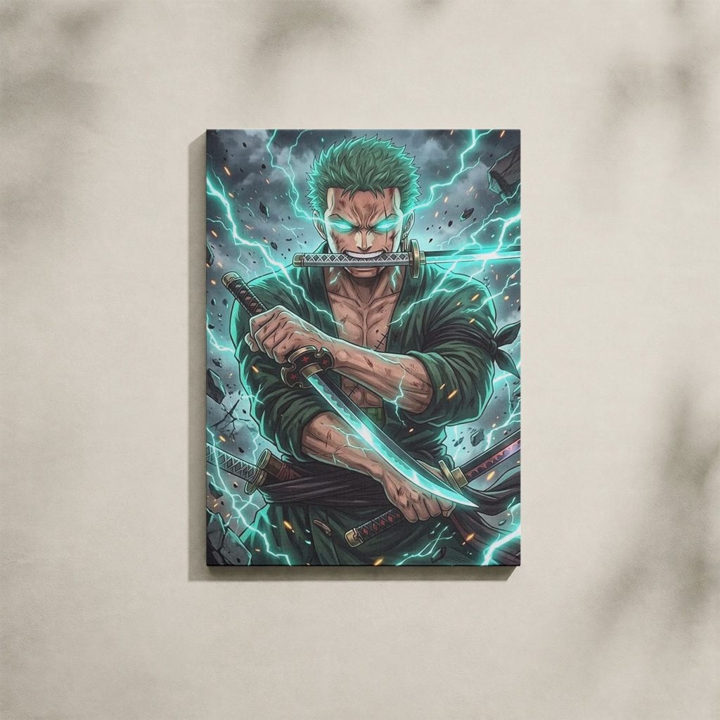 Tableau Manga Salon Zoro Éclairs Verts Katana