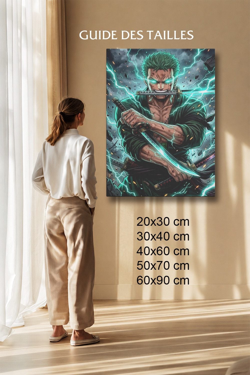 Tableau Manga Salon Zoro Éclairs Verts Katana