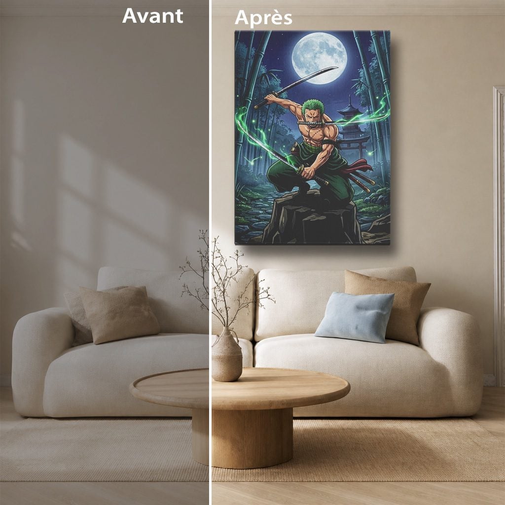 Tableau Manga Salon Zoro Trois Katanas Pagode Bambou