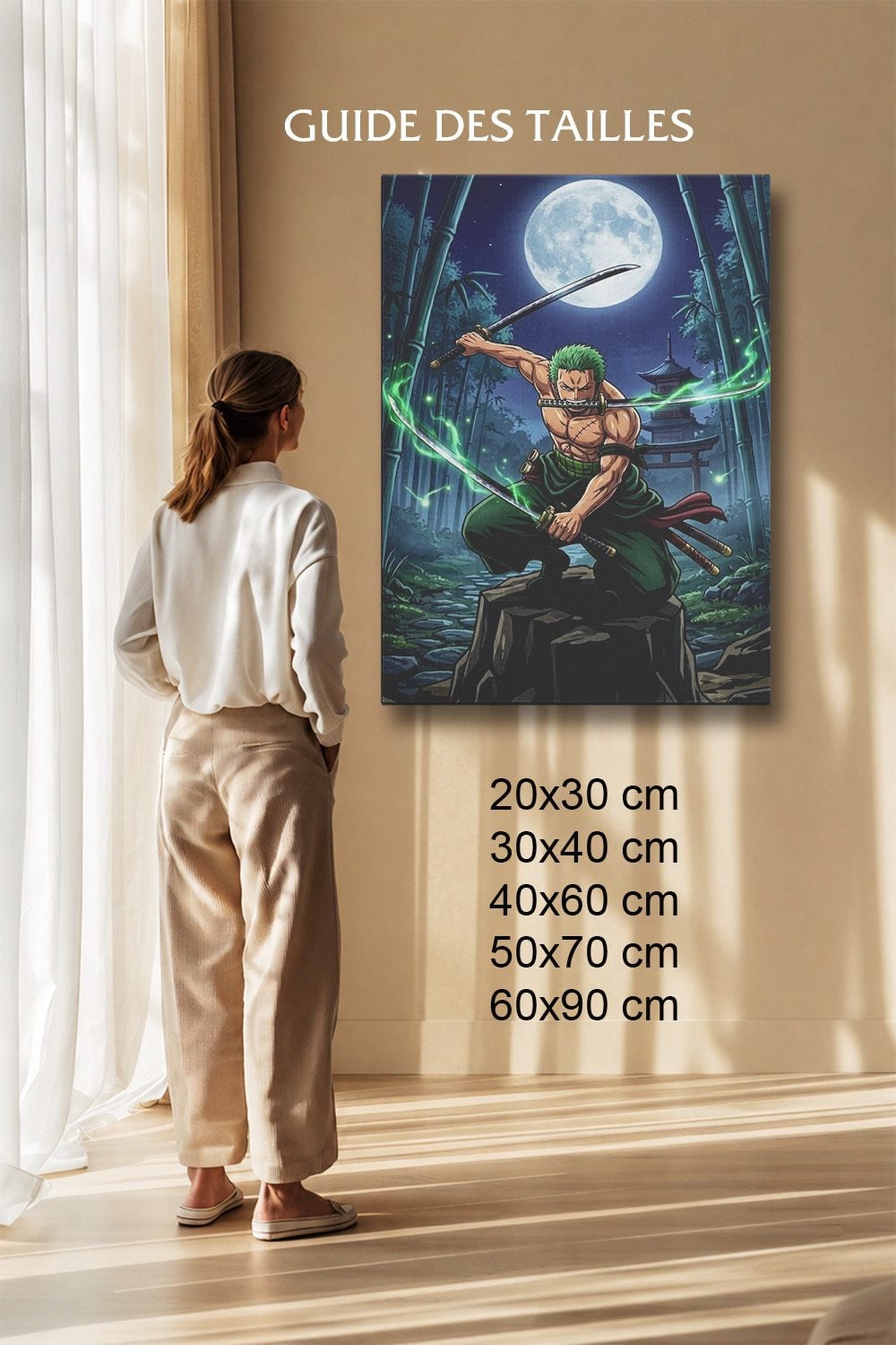 Tableau Manga Salon Zoro Trois Katanas Pagode Bambou