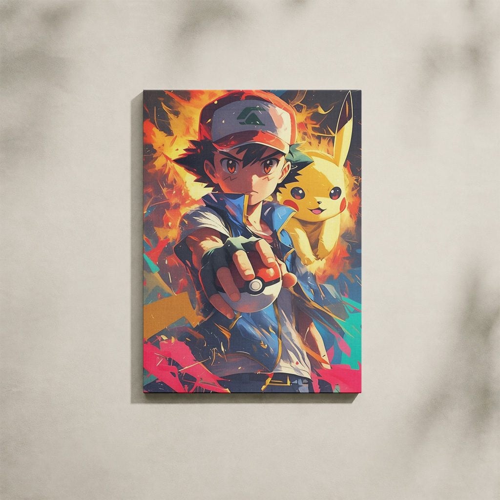 Tableau Anime Salon Sacha Pikachu Pokéball Art Feu