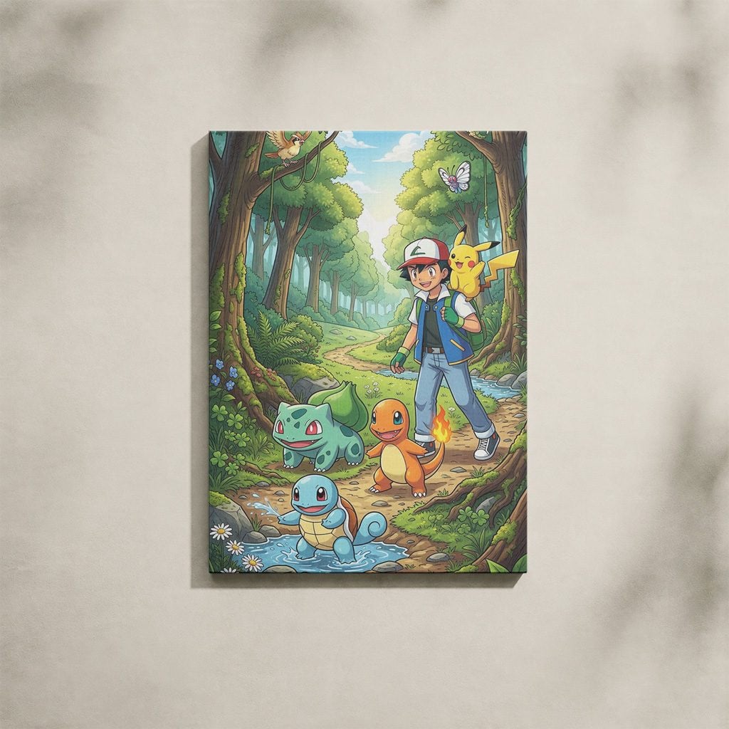 Tableau Anime Salon Sacha Starters Kanto Forêt Pokémon