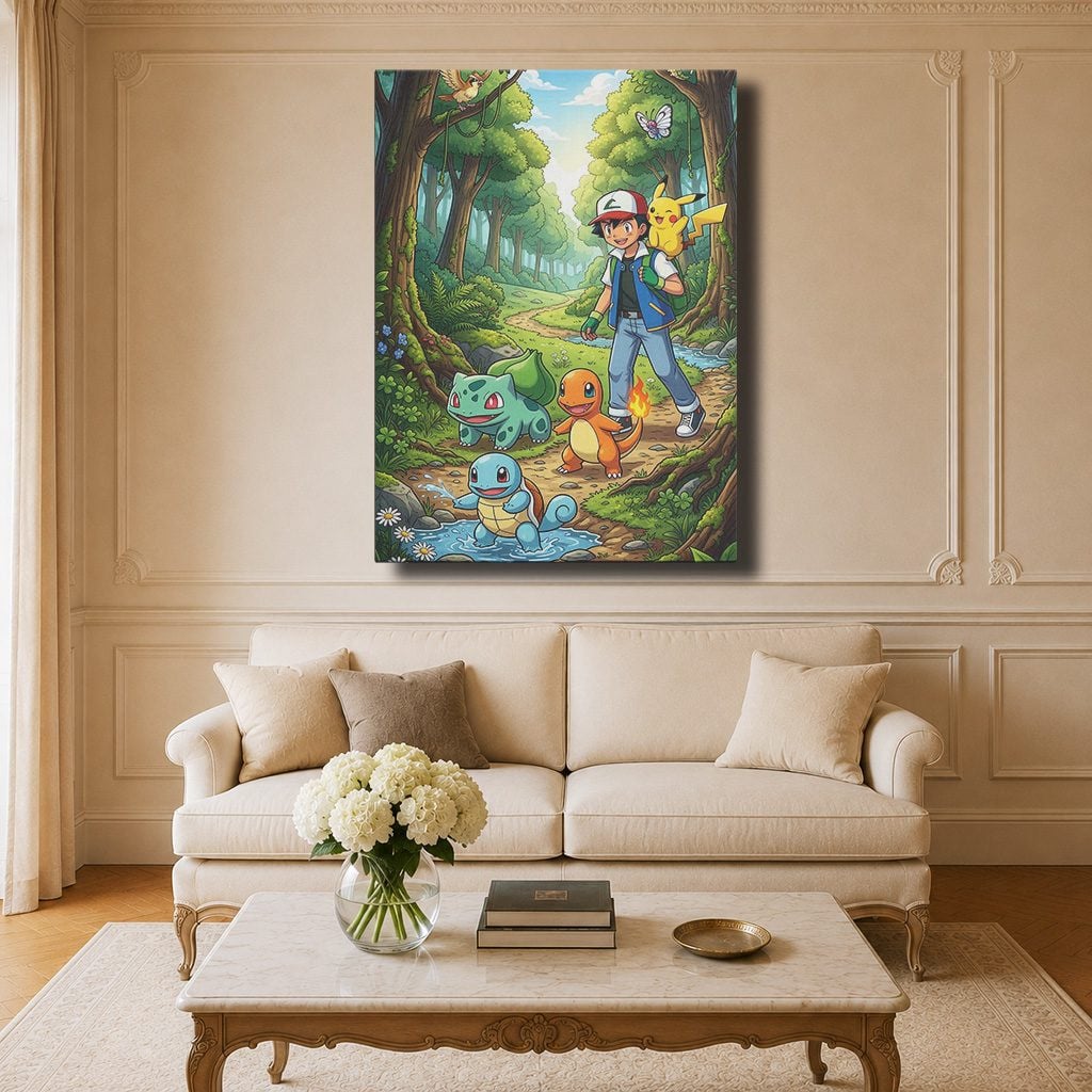 Tableau Anime Salon Sacha Starters Kanto Forêt Pokémon