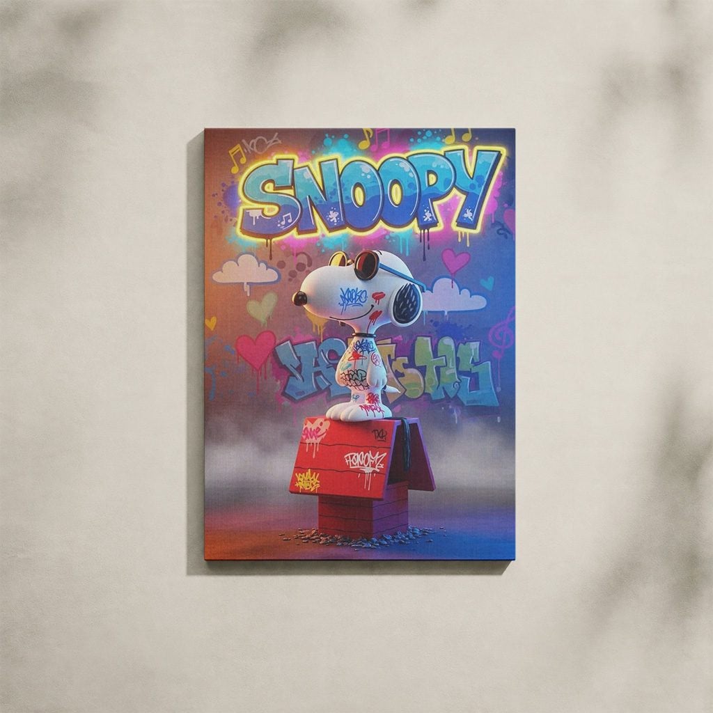 Tableau Cartoon Salon Snoopy Figurine 3D Lunettes Néon
