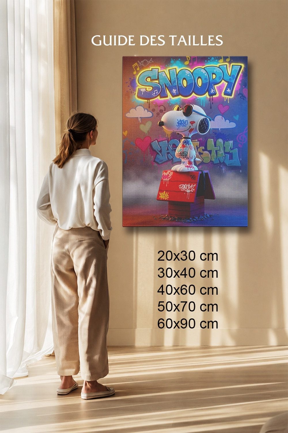 Tableau Cartoon Salon Snoopy Figurine 3D Lunettes Néon