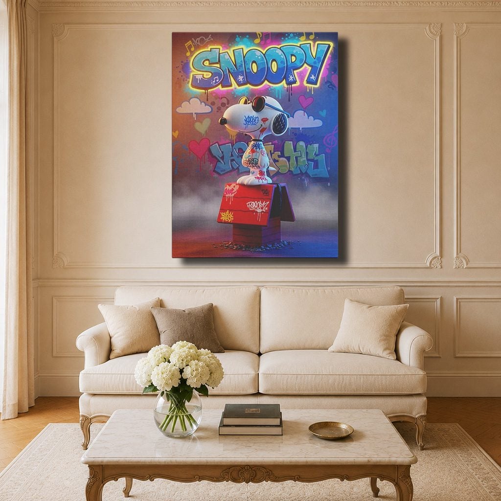 Tableau Cartoon Salon Snoopy Figurine 3D Lunettes Néon