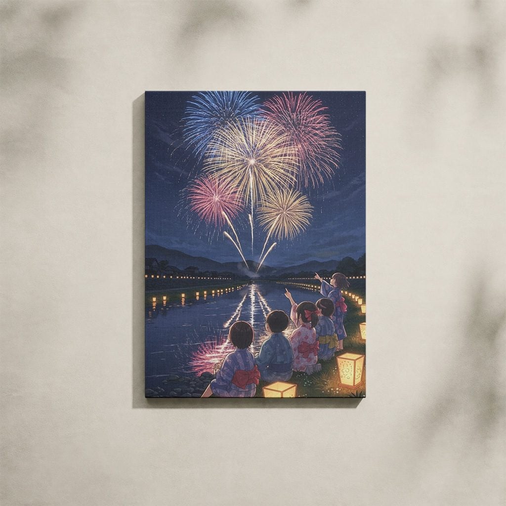 Tableau Japonais Salon Feux d'Artifice Lanternes Été