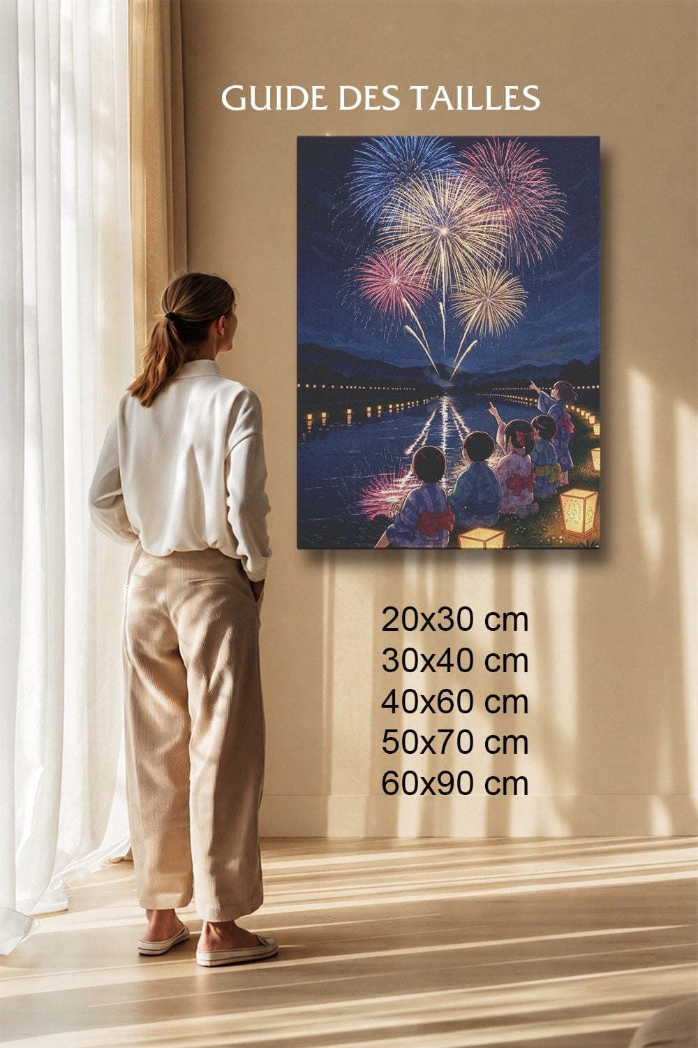 Tableau Japonais Salon Feux d'Artifice Lanternes Été