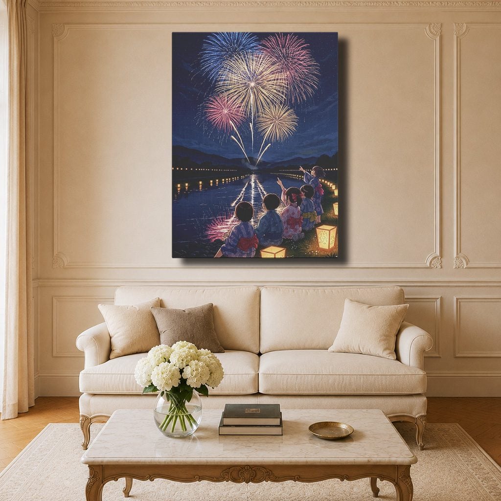 Tableau Japonais Salon Feux d'Artifice Lanternes Été