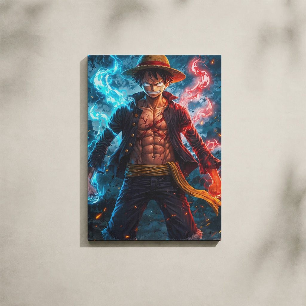 Tableau Manga Salon Luffy Poings Flammes Bleu Rouge V1