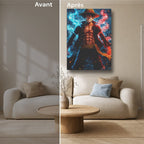Tableau Manga Salon Luffy Poings Flammes Bleu Rouge V1