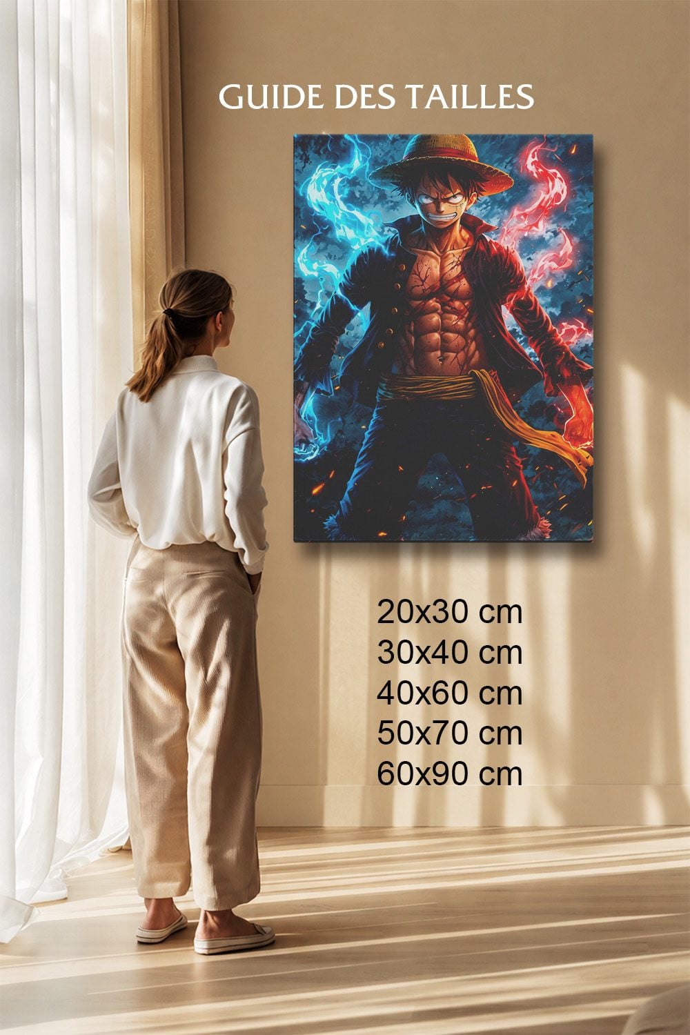 Tableau Manga Salon Luffy Poings Flammes Bleu Rouge V1