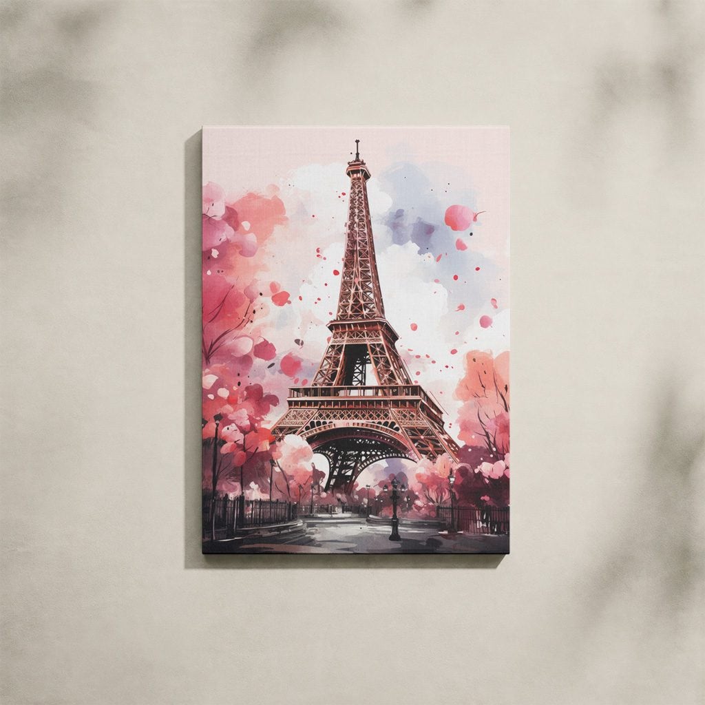 Tableau Aquarelle Salon Tour Eiffel Cerisiers Printemps Paris