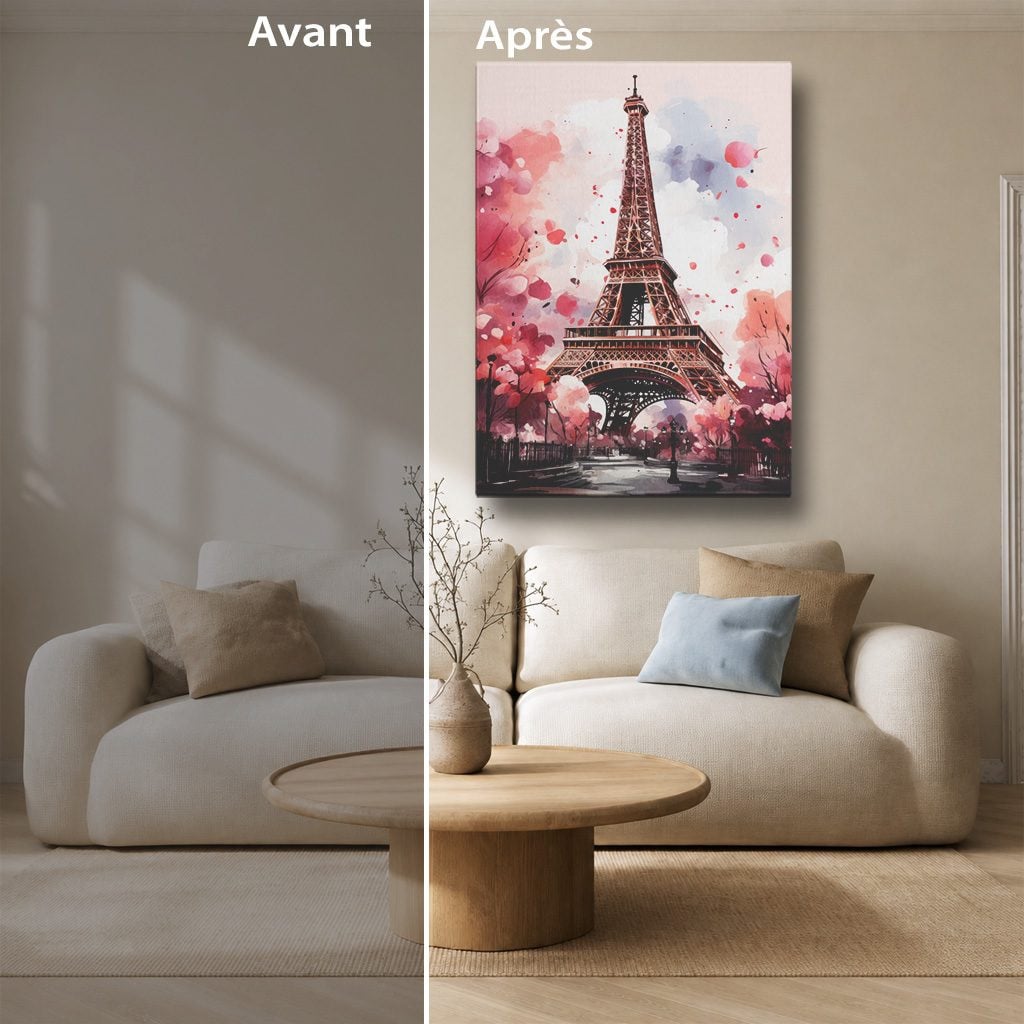 Tableau Aquarelle Salon Tour Eiffel Cerisiers Printemps Paris