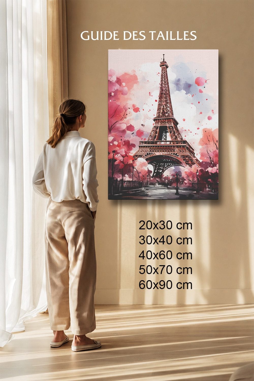 Tableau Aquarelle Salon Tour Eiffel Cerisiers Printemps Paris
