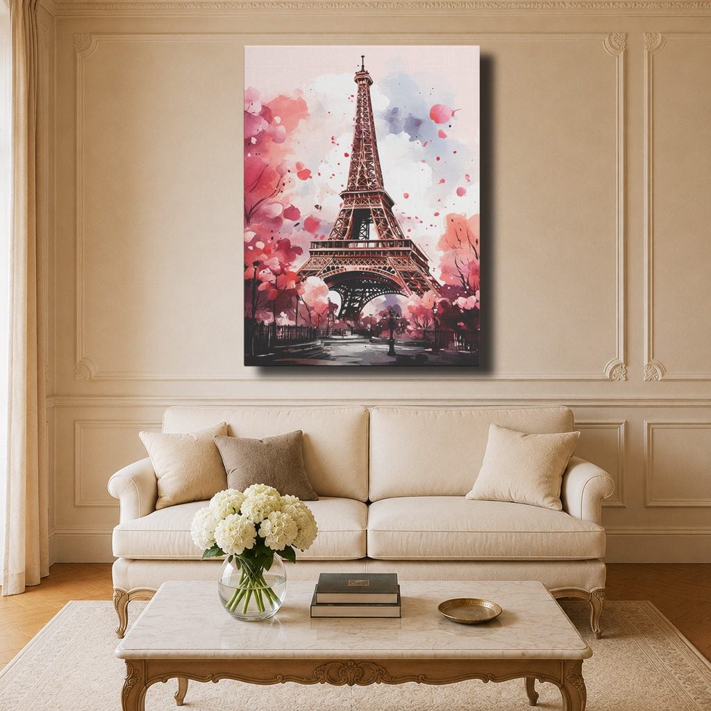 Tableau Aquarelle Salon Tour Eiffel Cerisiers Printemps Paris