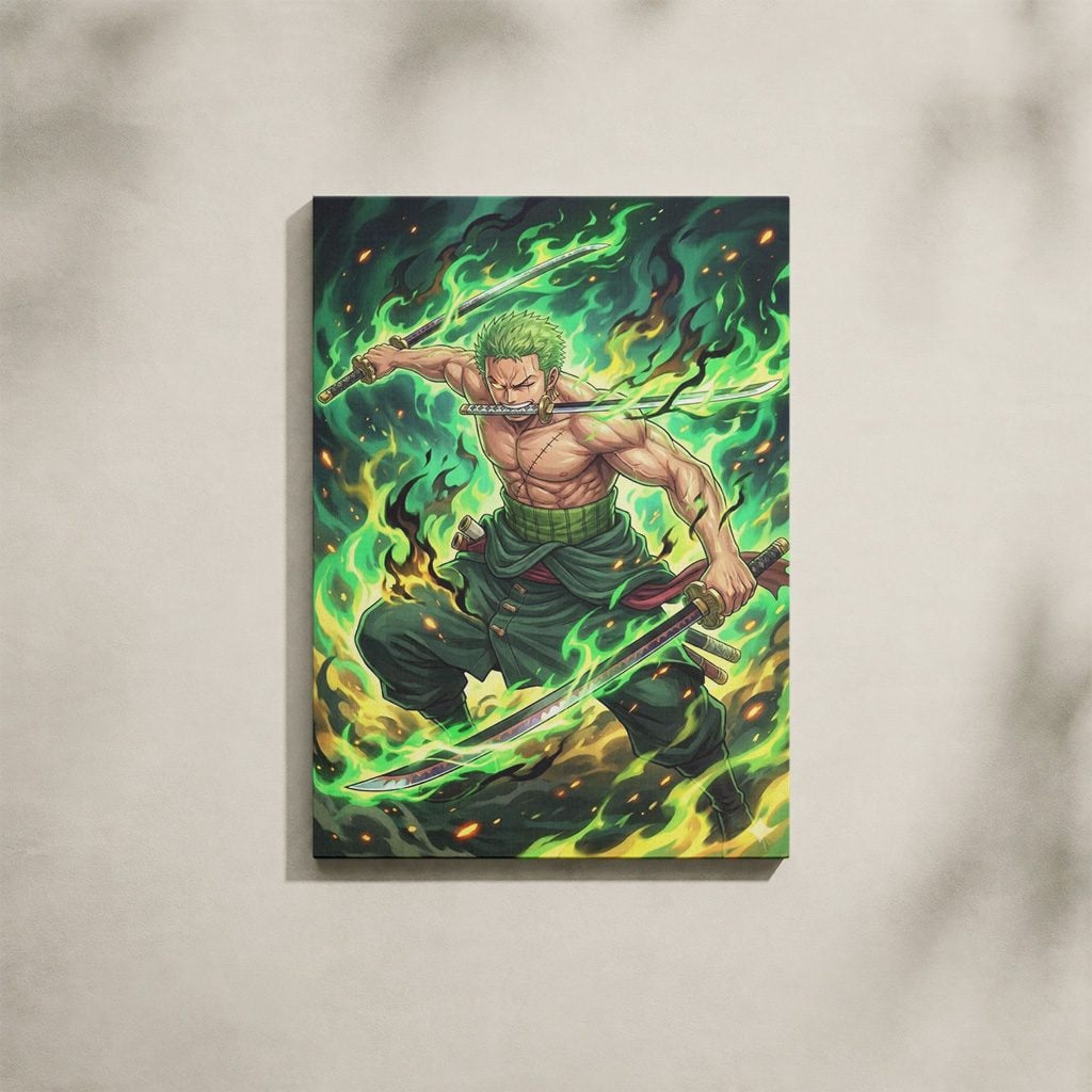 Tableau Manga Salon Zoro Trois Épées Flammes Vertes