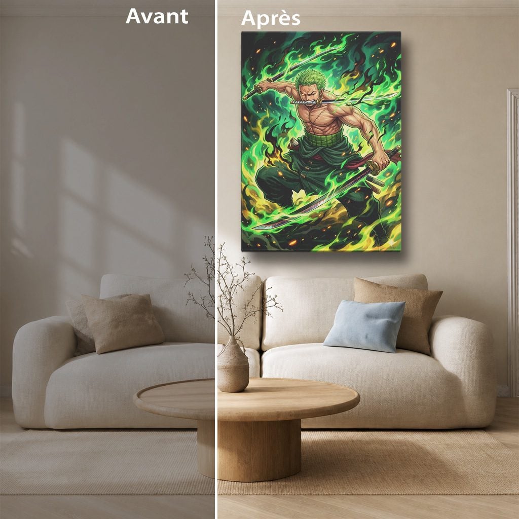 Tableau Manga Salon Zoro Trois Épées Flammes Vertes