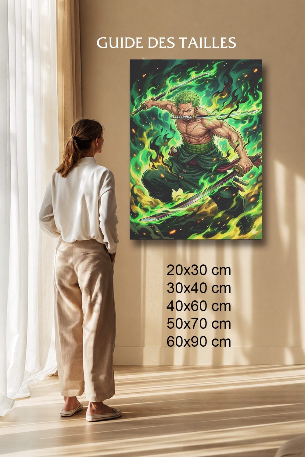 Tableau Manga Salon Zoro Trois Épées Flammes Vertes