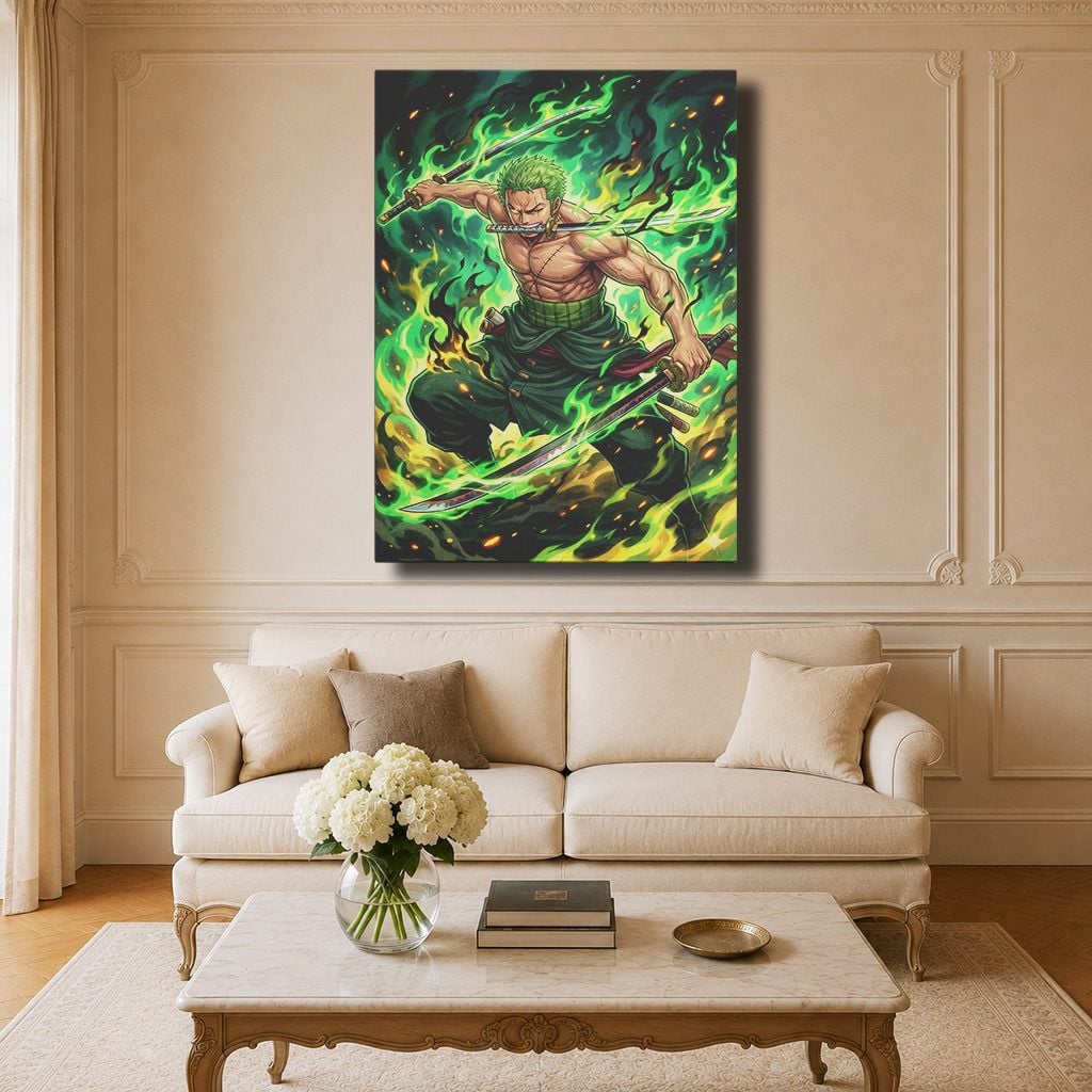 Tableau Manga Salon Zoro Trois Épées Flammes Vertes