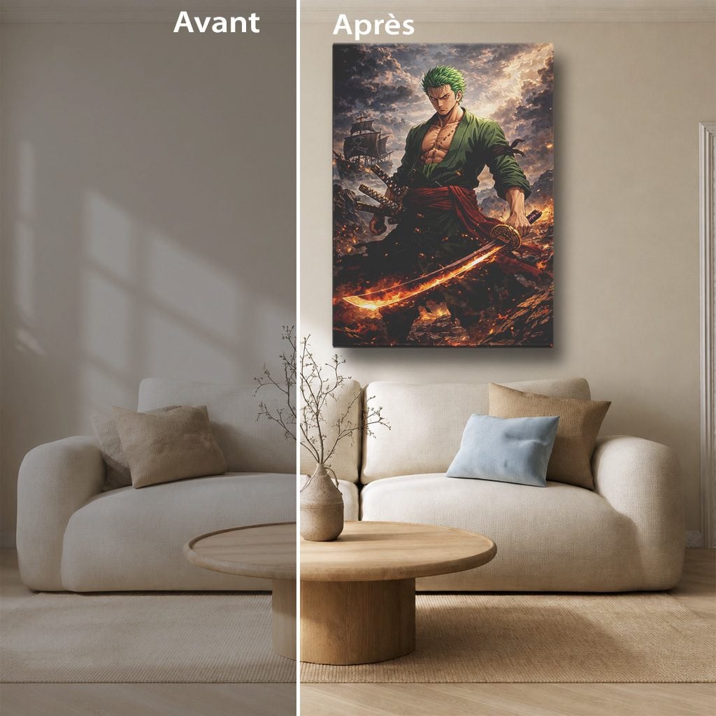 Tableau Manga Salon Zoro Katana Enflammé Bateau Pirate