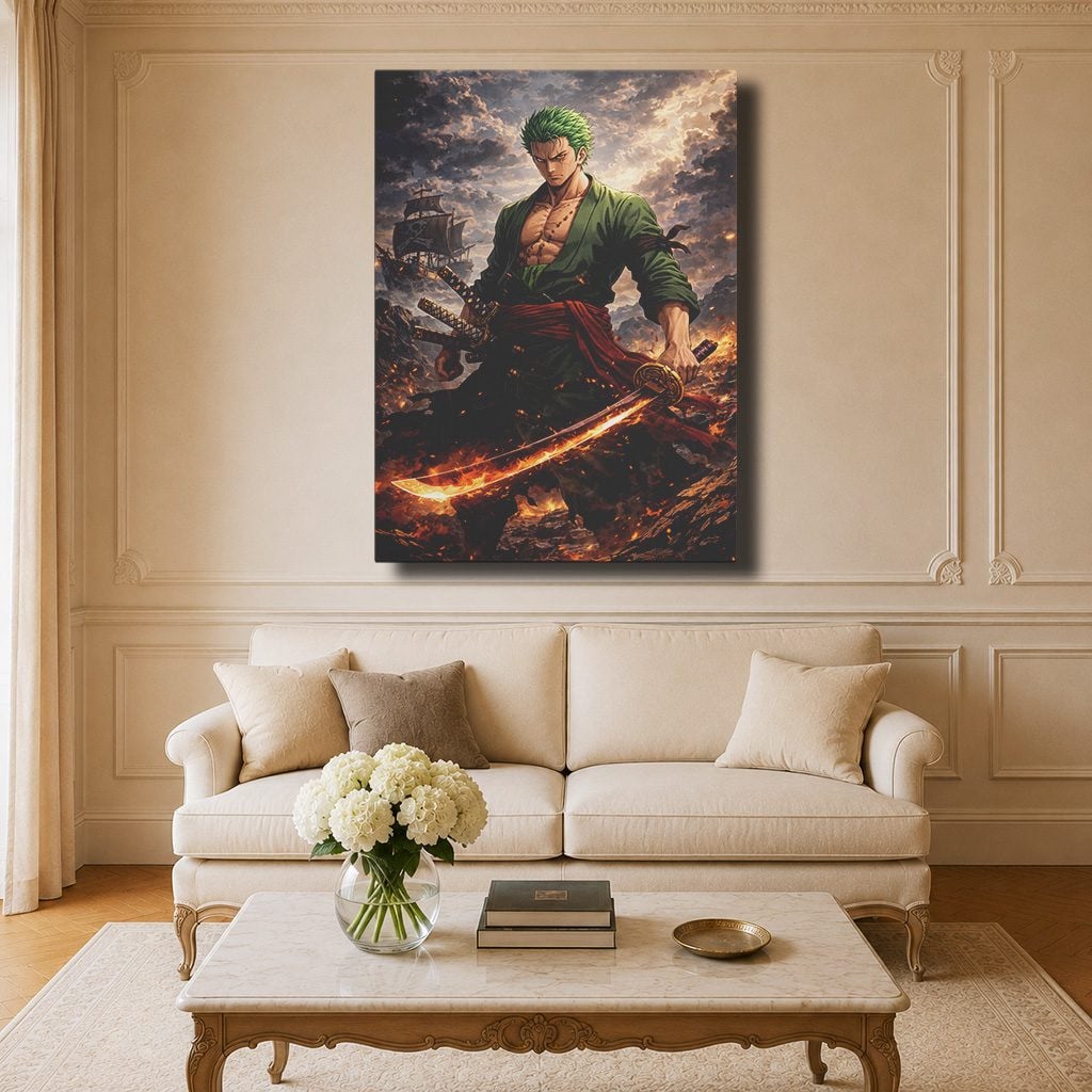 Tableau Manga Salon Zoro Katana Enflammé Bateau Pirate
