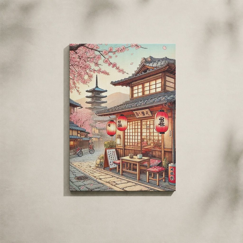 Tableau Japonais Salon Sakura Pagode Rue Traditionnelle