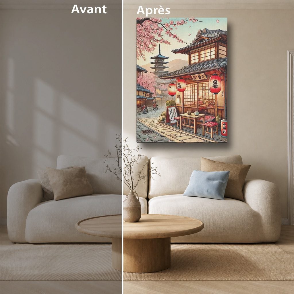 Tableau Japonais Salon Sakura Pagode Rue Traditionnelle