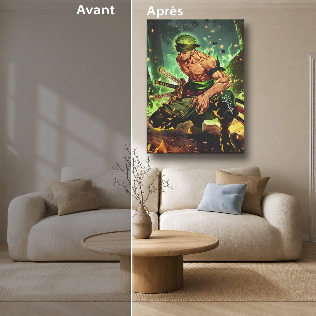 Tableau Manga Salon Zoro Trois Épées Flammes Vertes Forêt