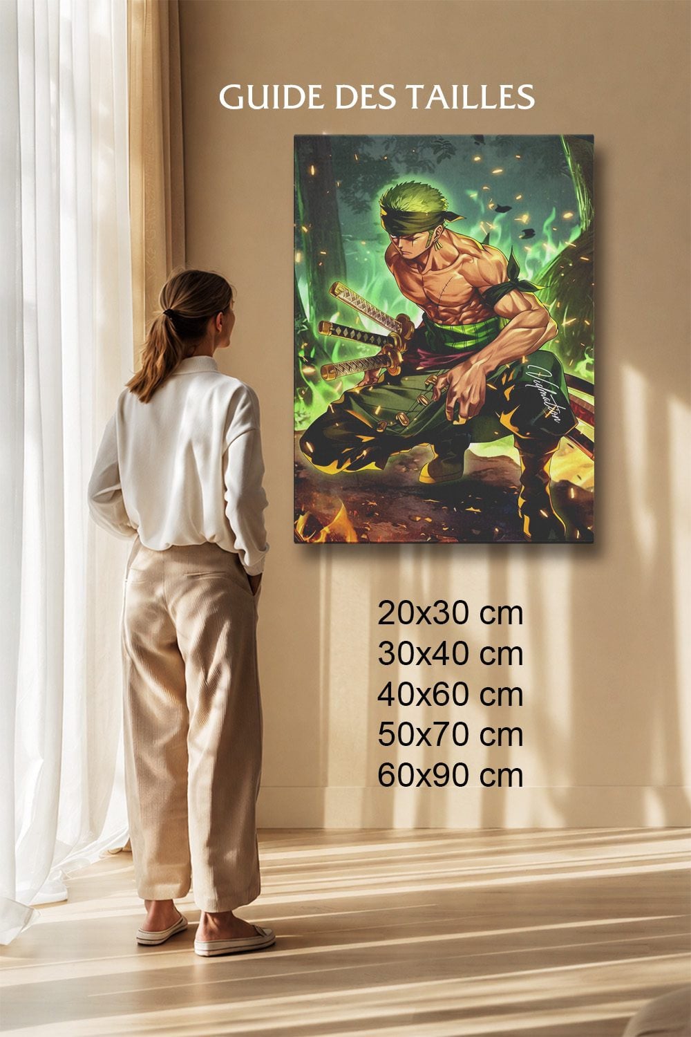 Tableau Manga Salon Zoro Trois Épées Flammes Vertes Forêt
