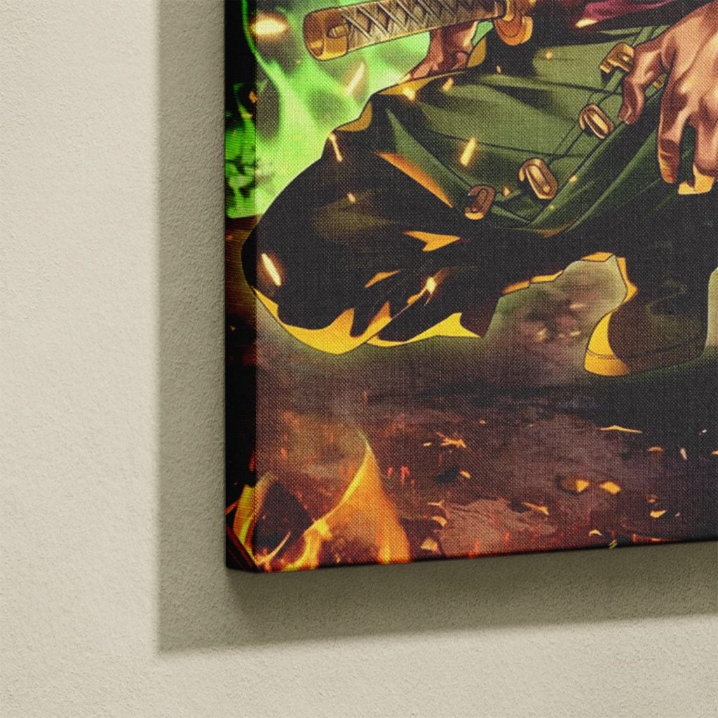 Tableau Manga Salon Zoro Trois Épées Flammes Vertes Forêt