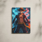Tableau Manga Salon Luffy Poings Flammes Bleu Rouge V2