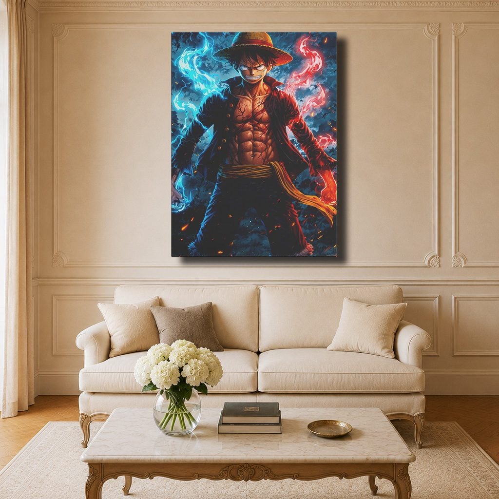 Tableau Manga Salon Luffy Poings Flammes Bleu Rouge V2