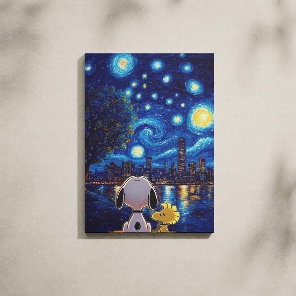 Tableau Cartoon Salon Snoopy Nuit Étoilée Style Van Gogh