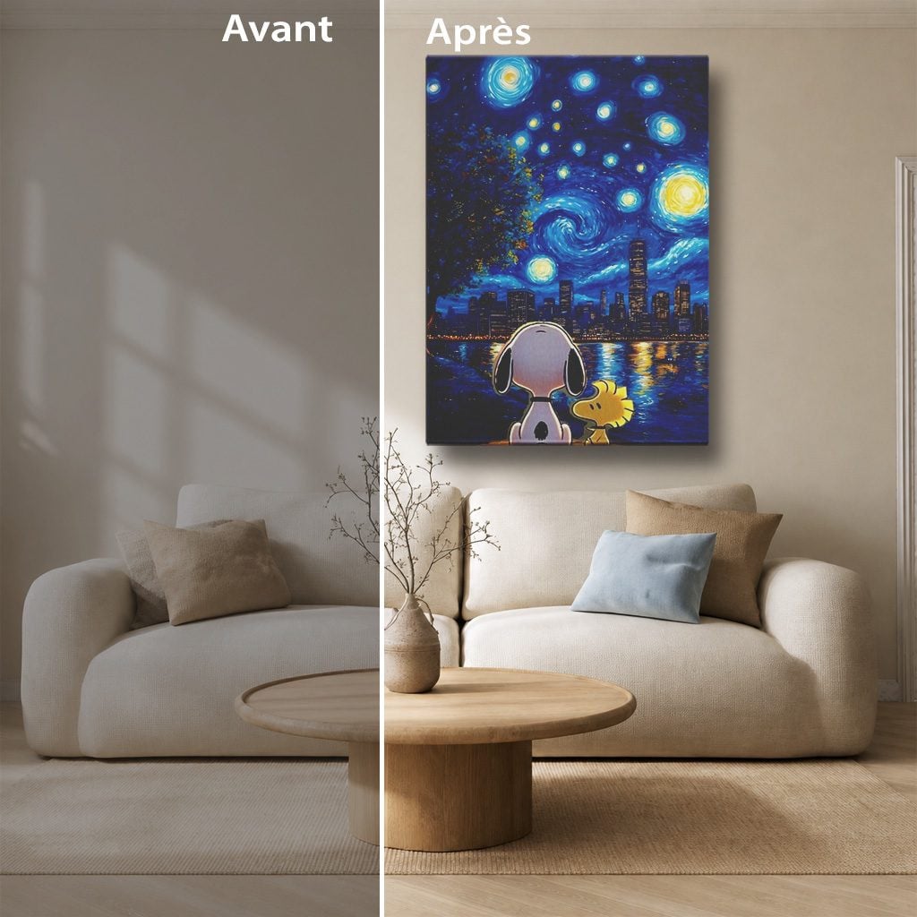 Tableau Cartoon Salon Snoopy Nuit Étoilée Style Van Gogh