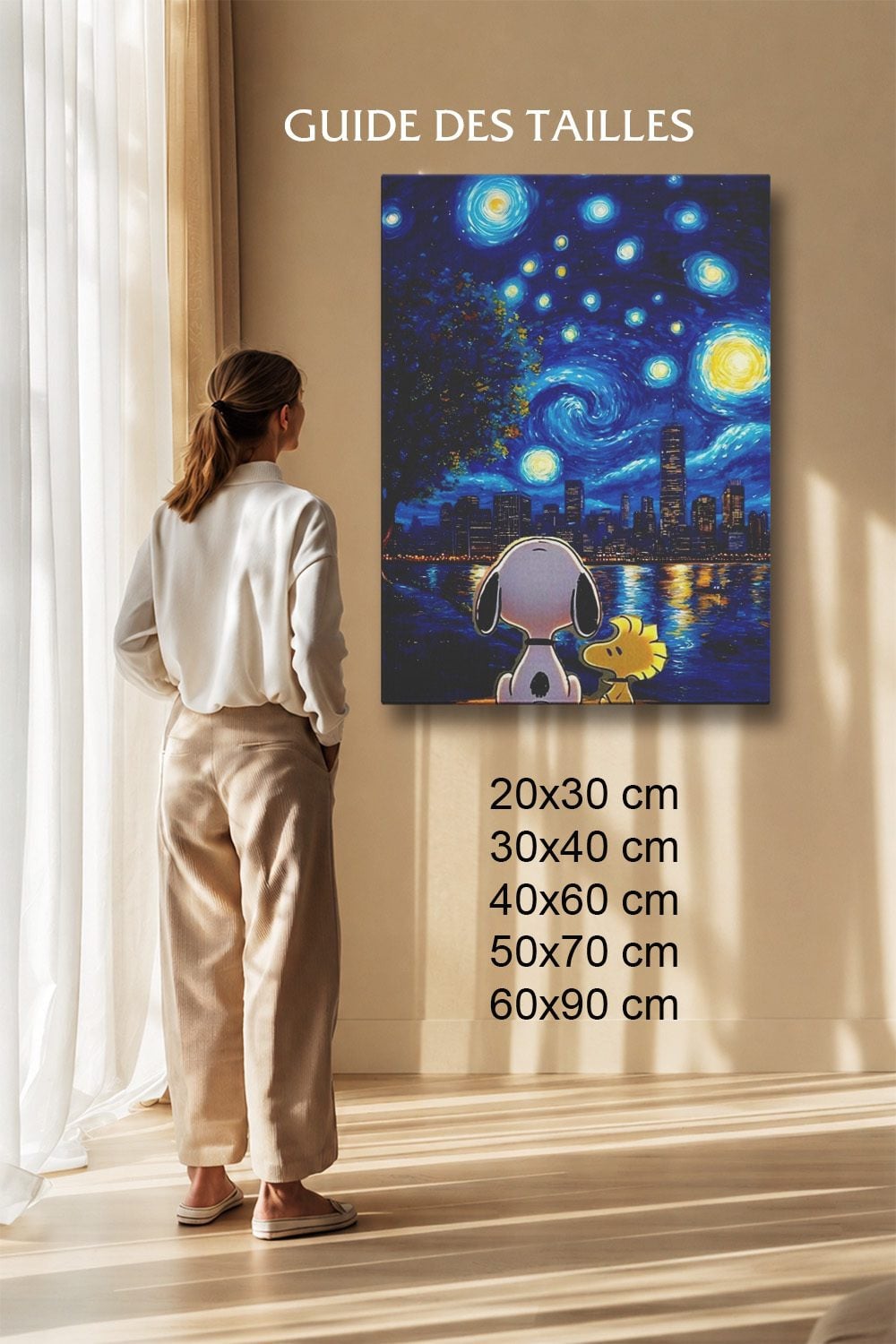 Tableau Cartoon Salon Snoopy Nuit Étoilée Style Van Gogh
