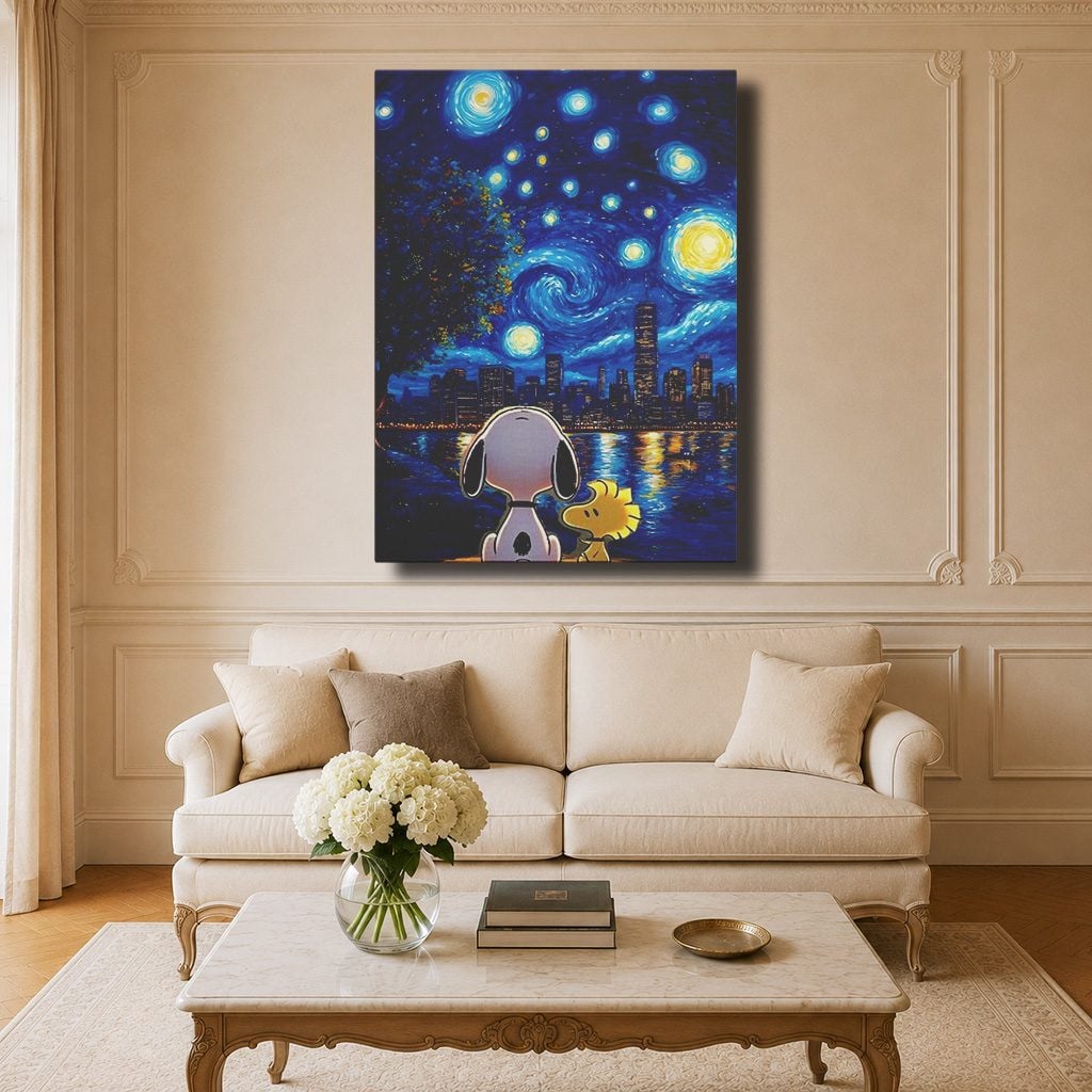 Tableau Cartoon Salon Snoopy Nuit Étoilée Style Van Gogh