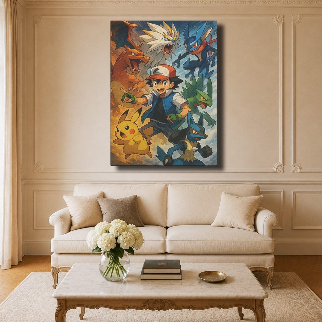 Tableau Anime Salon Sacha Équipe Starters Pokémon Poster